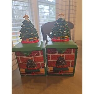 Set Of 2 VTG Cast Iron Stocking Holders Christmas Tree With Train ABC